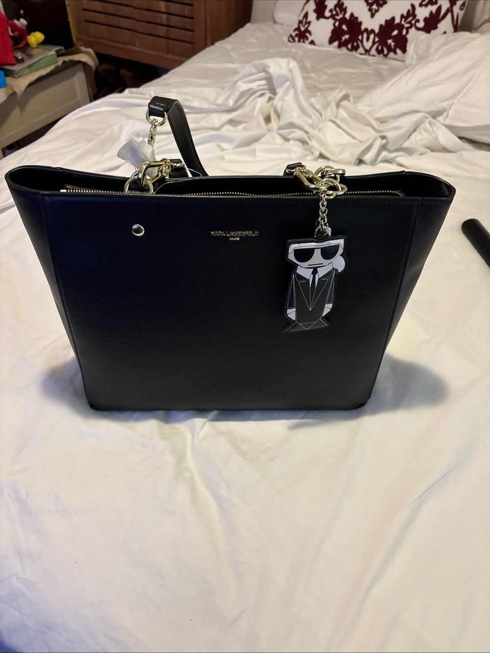 Karl Lagerfeld Black Leather Tote with Logo Charm